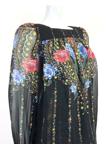 VTG 60s 70s BLACK RED BLUE FLORAL STRIPED MANDALA FOLK BOHO BLOUSON DRESS 10