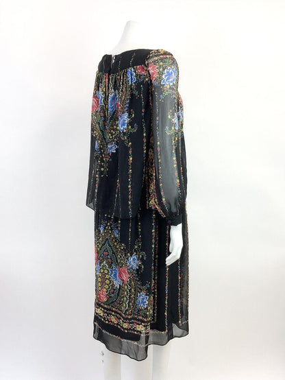 VTG 60s 70s BLACK RED BLUE FLORAL STRIPED MANDALA FOLK BOHO BLOUSON DRESS 10