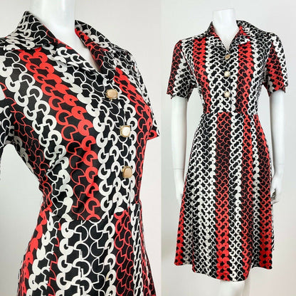 VTG 60s 70s BLACK RED WHITE GEOMETRIC PSYCHEDELIC MOD SHIRT DRESS 14 16