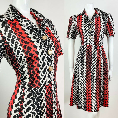 VTG 60s 70s BLACK RED WHITE GEOMETRIC PSYCHEDELIC MOD SHIRT DRESS 14 16