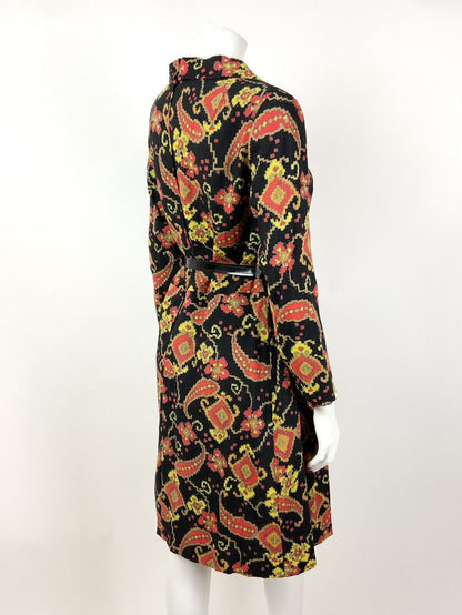 VTG 60s 70s BLACK RED YELLOW ORANGE AZTEC FLORAL BELTED WING COLLAR DRESS 12 14