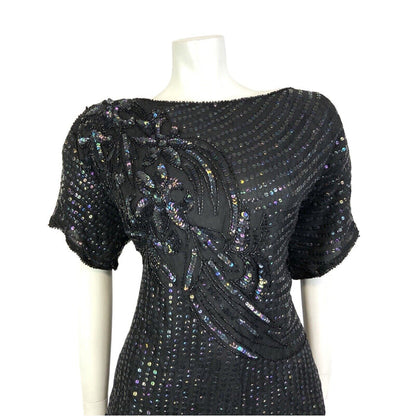 VTG 60s 70s BLACK STRIPED FLORAL SEQUIN BEADED DISCO STUDIO 54 GLAM TOP 18 20