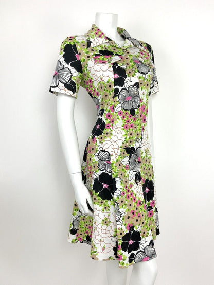 VTG 60s 70s BLACK WHITE PINK GREEN BEIGE PSYCHEDELIC FLORAL DITSY SHIRT DRESS 16