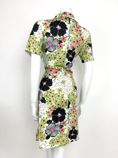 VTG 60s 70s BLACK WHITE PINK GREEN BEIGE PSYCHEDELIC FLORAL DITSY SHIRT DRESS 16