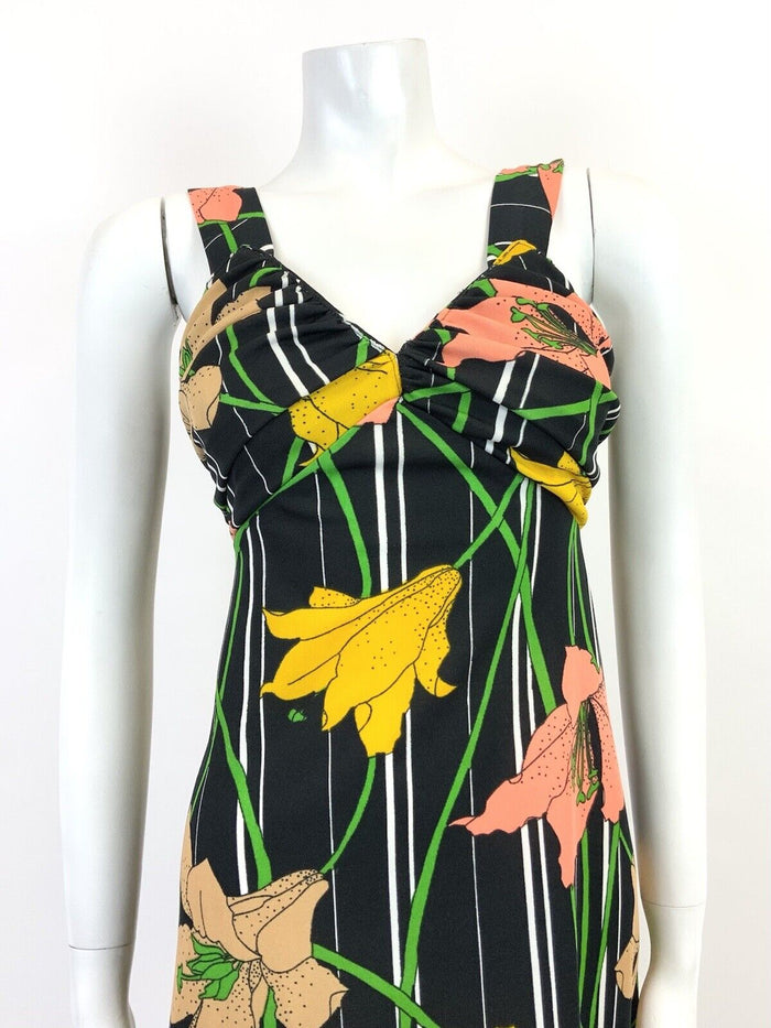 VTG 60s 70s BLACK WHITE YELLOW PEACH STRIPED FLORAL LILY SUMMER SUNDRESS 8 10