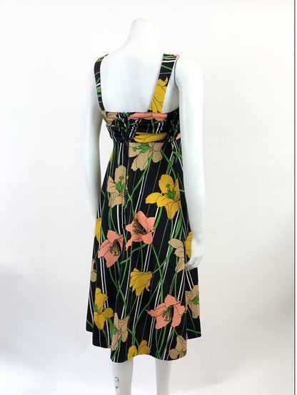 VTG 60s 70s BLACK WHITE YELLOW PEACH STRIPED FLORAL LILY SUMMER SUNDRESS 8 10