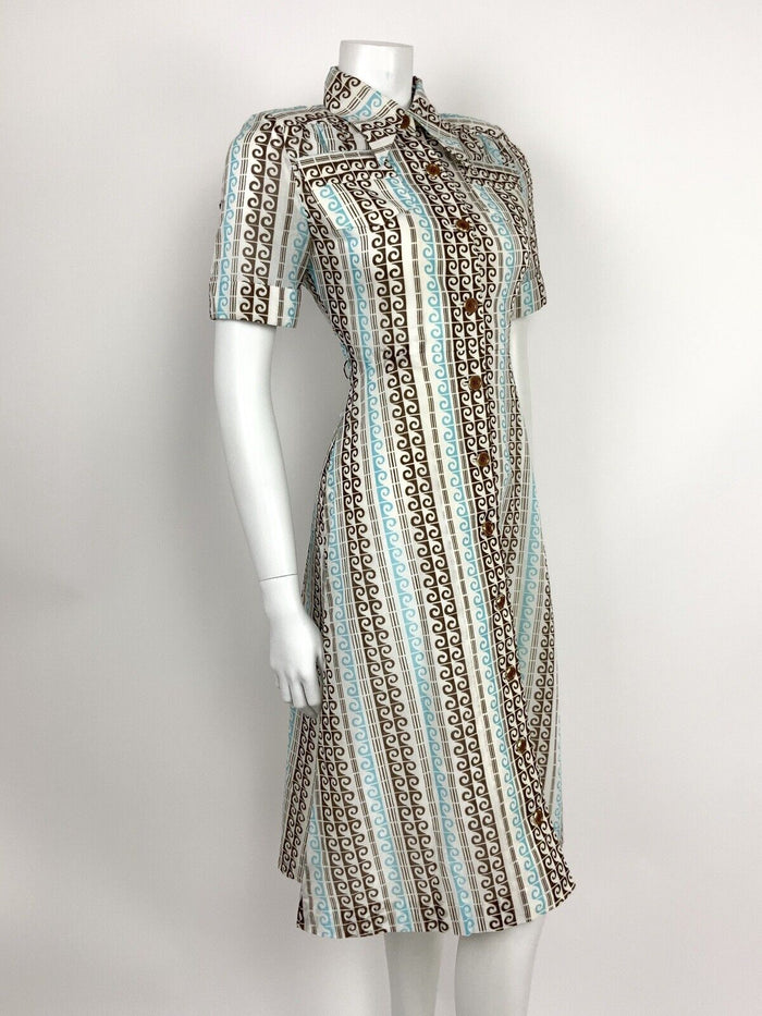 VTG 60s 70s BLUE BROWN WHITE GOLD WAVE OP ART DAGGER COLLAR SHIRT DRESS 8 10