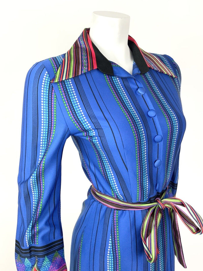 VTG 60s 70s BLUE GREEN PINK DOTTY STRIPED AZTEC BELTED DAGGER SHIRT DRESS 8 10