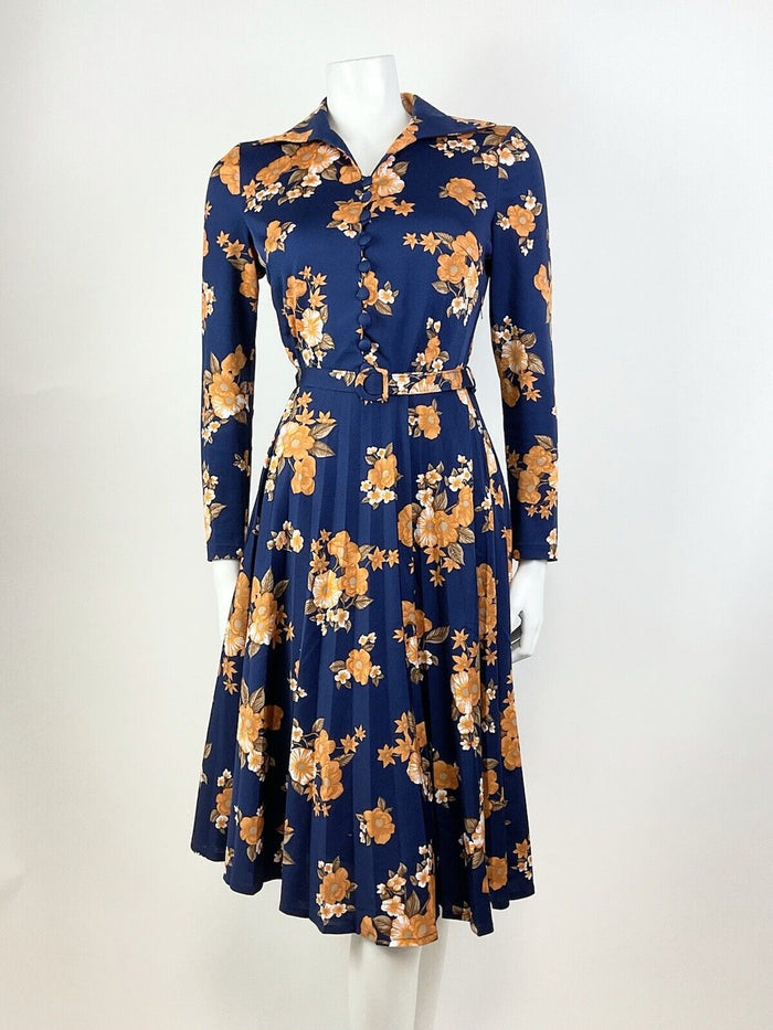 VTG 60s 70s BLUE ORANGE BROWN WHITE FLORAL PLEATED WING COLLAR SHIRT DRESS 12