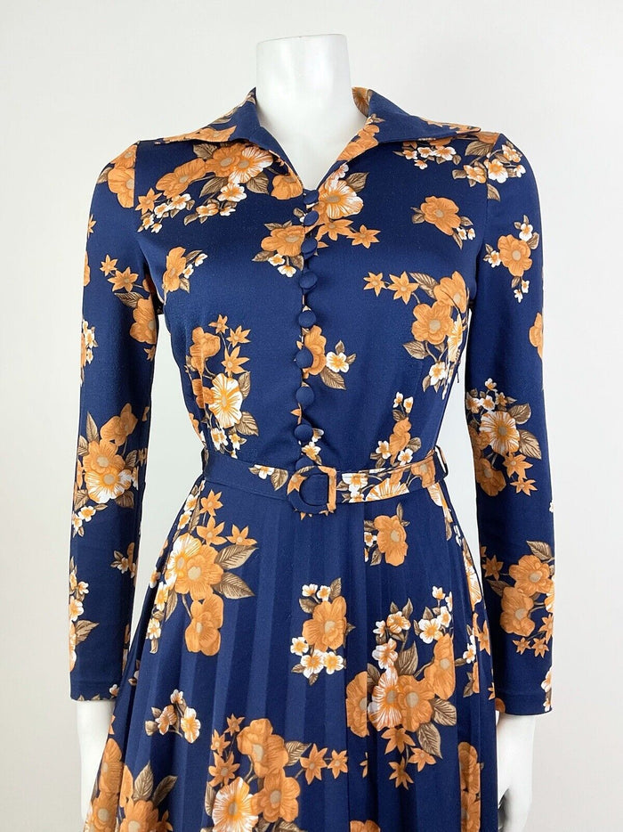 VTG 60s 70s BLUE ORANGE BROWN WHITE FLORAL PLEATED WING COLLAR SHIRT DRESS 12