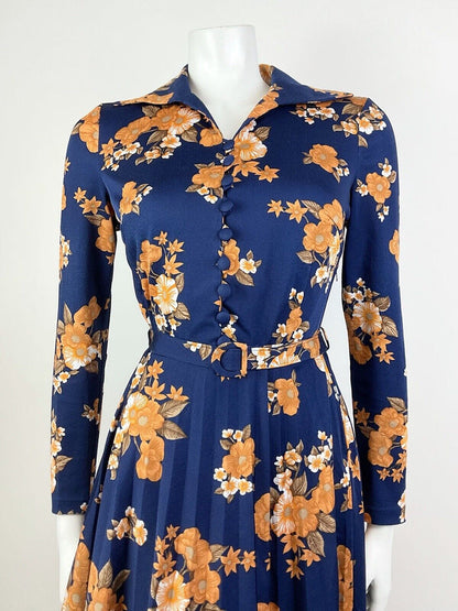 VTG 60s 70s BLUE ORANGE BROWN WHITE FLORAL PLEATED WING COLLAR SHIRT DRESS 12