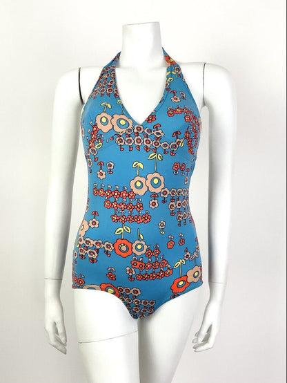 VTG 60s 70s BLUE ORANGE FLORAL DAISY MOD PSYCHEDELIC BATHING SWIM SUIT 8 10