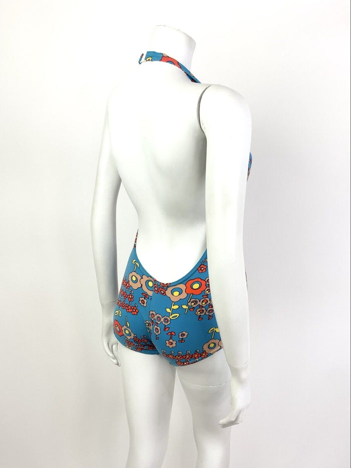 VTG 60s 70s BLUE ORANGE FLORAL DAISY MOD PSYCHEDELIC BATHING SWIM SUIT 8 10