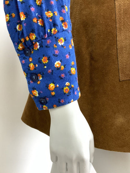 VTG 60s 70s BLUE ORANGE FLORAL DITSY DOG EAR BEAGLE COLLAR MOD SHIRT BLOUSE 8 10