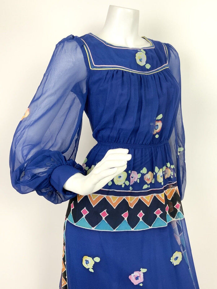 VTG 60s 70s BLUE PINK ORANGE BLACK FLORAL GEOMETRIC BATIK SHEER MAXI DRESS 8 10