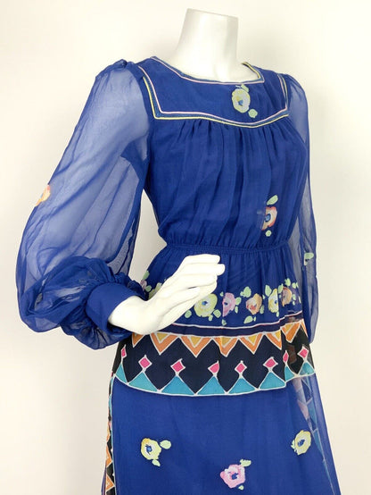 VTG 60s 70s BLUE PINK ORANGE BLACK FLORAL GEOMETRIC BATIK SHEER MAXI DRESS 8 10