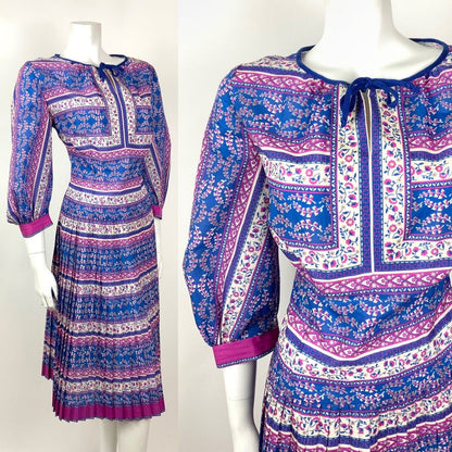 VTG 60s 70s BLUE PINK WHITE FLORAL STRIPED GYPSY BOHO FOLK PLEATED DRESS 14 16