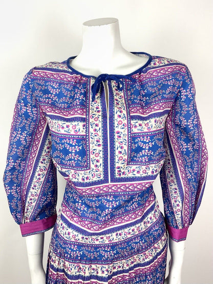 VTG 60s 70s BLUE PINK WHITE FLORAL STRIPED GYPSY BOHO FOLK PLEATED DRESS 14 16