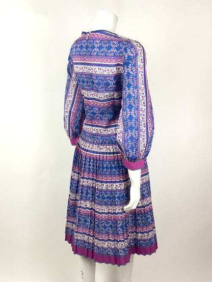 VTG 60s 70s BLUE PINK WHITE FLORAL STRIPED GYPSY BOHO FOLK PLEATED DRESS 14 16