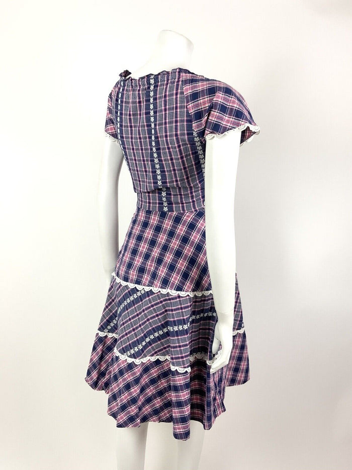 VTG 60s 70s BLUE PINK WHITE TARTAN PLAID FLORAL EMBROIDERED LACE PRAIRIE DRESS 8