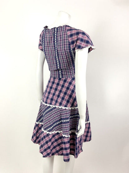 VTG 60s 70s BLUE PINK WHITE TARTAN PLAID FLORAL EMBROIDERED LACE PRAIRIE DRESS 8