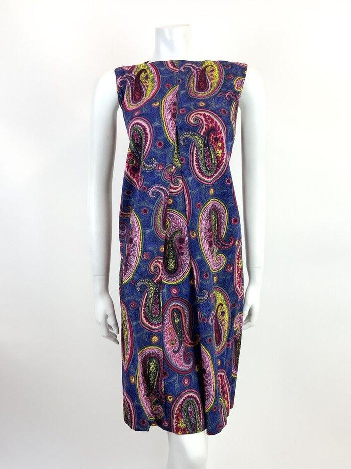 VTG 60s 70s BLUE PINK YELLOW PSYCHEDELIC PAISLEY MOD SHIFT  A-LINE DRESS 10 12