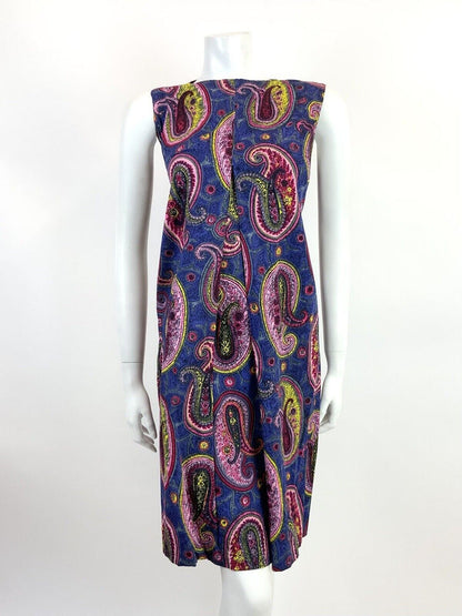 VTG 60s 70s BLUE PINK YELLOW PSYCHEDELIC PAISLEY MOD SHIFT  A-LINE DRESS 10 12