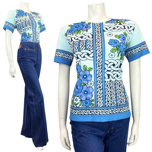 VTG 60s 70s BLUE PURPLE BLACK CELTIC KNOT FLORAL SHORT SLEEVE BLOUSE TOP 12 14