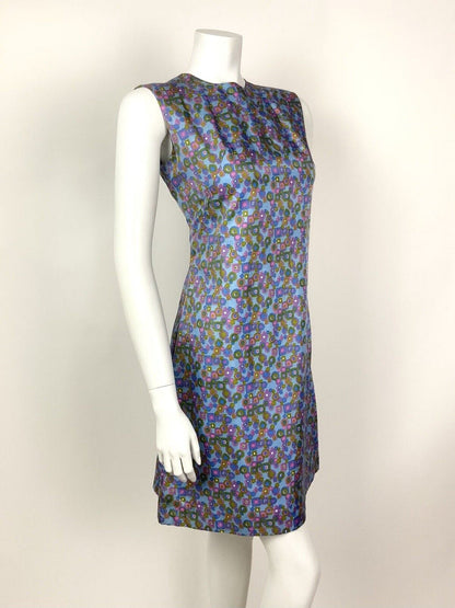 VTG 60s 70s BLUE PURPLE PINK GREEN FLORAL DAISY GEOMETRIC MOD SHIFT DRESS 8 10