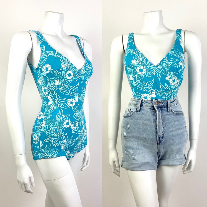 VTG 60s 70s BLUE WHITE FLORAL LEAFY MOD LOW-RISE SWIM BODY SUIT 9 10