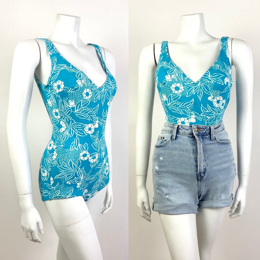 VTG 60s 70s BLUE WHITE FLORAL LEAFY MOD LOW-RISE SWIM BODY SUIT 9 10