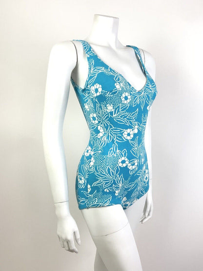 VTG 60s 70s BLUE WHITE FLORAL LEAFY MOD LOW-RISE SWIM BODY SUIT 9 10