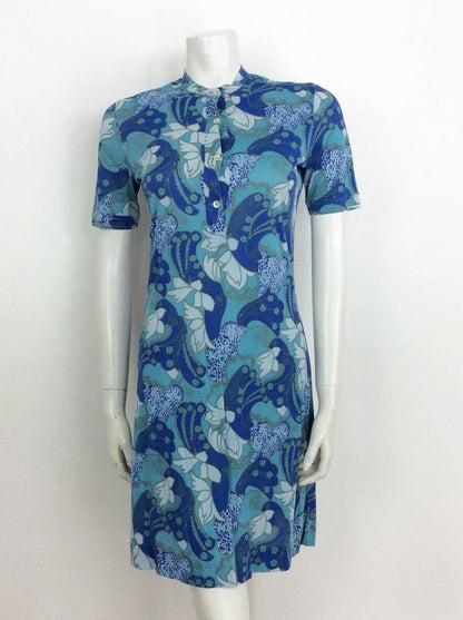 VTG 60S 70S BLUE WHITE TURQUOISE PSYCHEDELIC PRINT DRESS 10 12