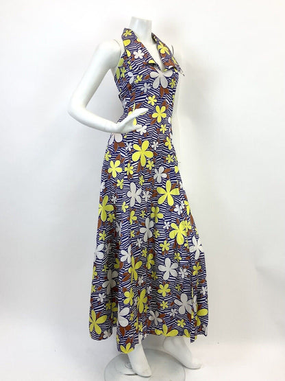 VTG 60s 70s BLUE WHITE YELLOW CHEVRON STRIPED FLORAL MOD HALTER MAXI DRESS 10