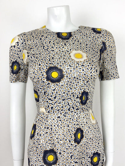 VTG 60s 70s BLUE WHITE YELLOW FLORAL MOD DAISY DOTTY DRESS SUMMER HIPPY 8
