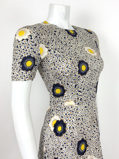 VTG 60s 70s BLUE WHITE YELLOW FLORAL MOD DAISY DOTTY DRESS SUMMER HIPPY 8