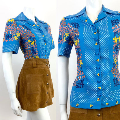 VTG 60s 70s BLUE YELLOW ORANGE FLORAL PSYCHEDELIC CHECKED DAGGER BLOUSE TOP 12