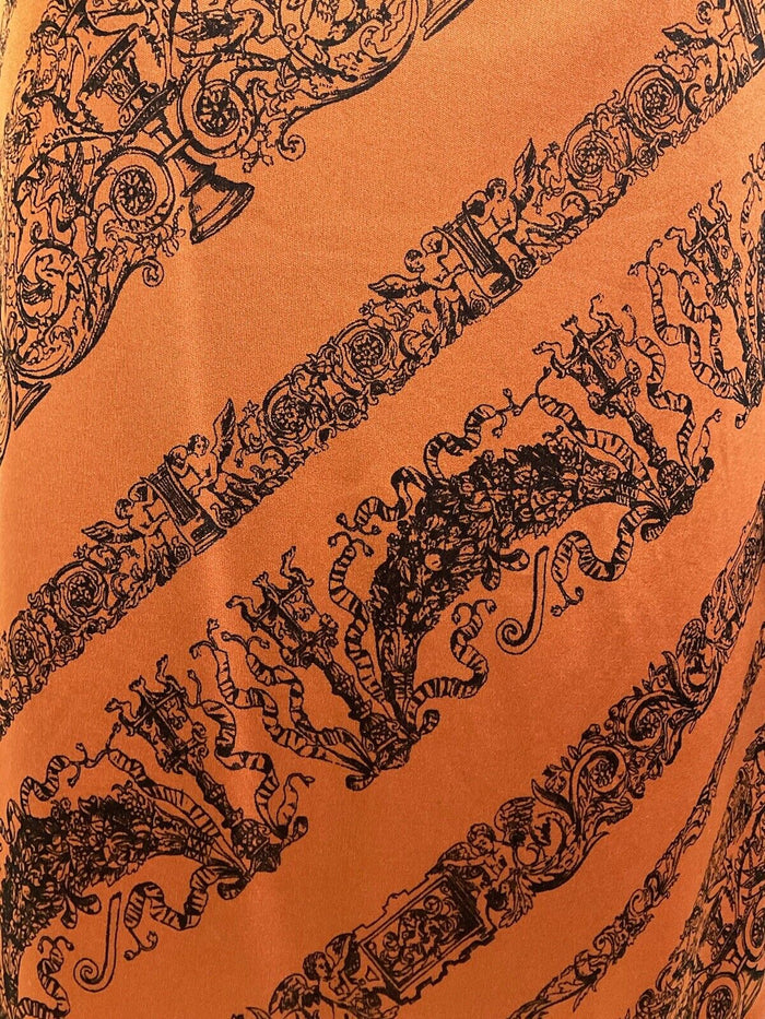 VTG 60s 70s BRONZE ORANGE BLACK ELEGANT FLORAL ACANTHUS CHERUB SHIRT DRESS 8