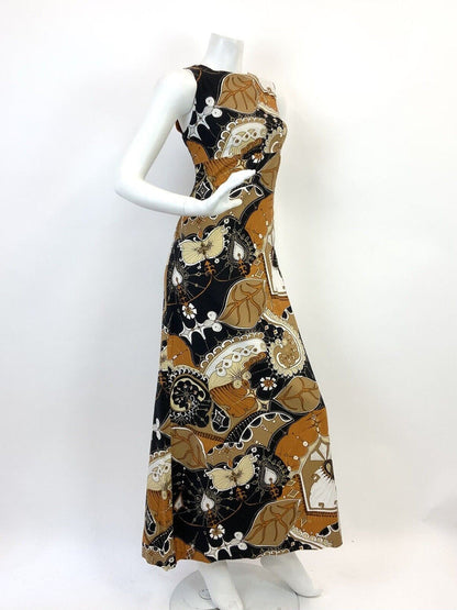 VTG 60s 70s BROWN BLACK CREAM PSYCHEDELIC LEAFY SWIRL MOD BOHO MAXI DRESS 8 10