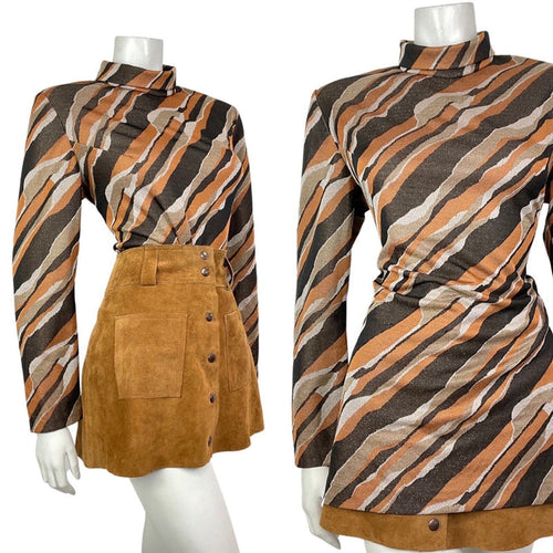 VTG 60s 70s BROWN ORANGE GOLD WHITE STRIPED LUREX PARTY MOD TURTLENECK TOP 16