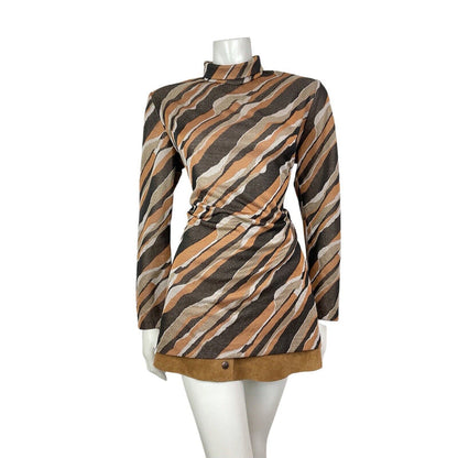 VTG 60s 70s BROWN ORANGE GOLD WHITE STRIPED LUREX PARTY MOD TURTLENECK TOP 16