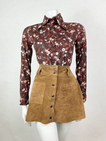 VTG 60s 70s BROWN WHITE ORANGE BOTANICAL FLORAL LEAFY BERRY DAGGER SHIRT 8 10