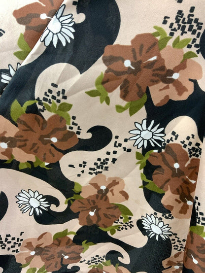 VTG 60s 70s CREAM BLACK BROWN GREEN PSYCHEDELIC FLORAL BLOUSON SWING DRESS 12