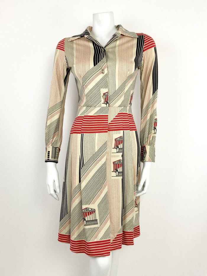 VTG 60s 70s CREAM BLACK RED STRIPED PANTHEON ROMAN PARISIAN SHIRT DRESS 8