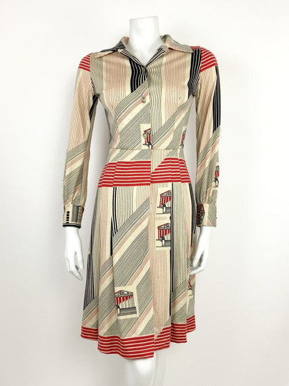 VTG 60s 70s CREAM BLACK RED STRIPED PANTHEON ROMAN PARISIAN SHIRT DRESS 8