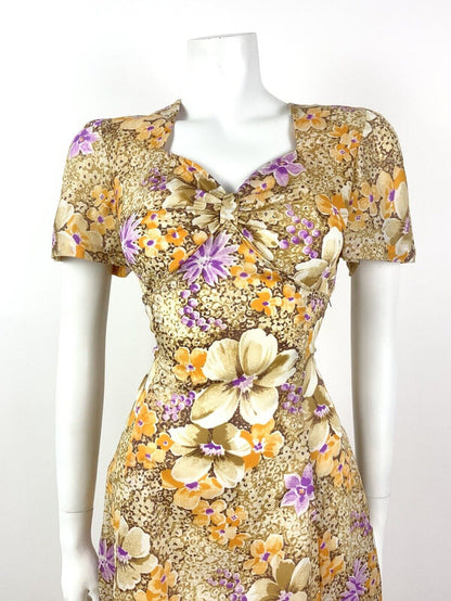 VTG 60s 70s CREAM BROWN PURPLE ORANGE FLORAL DITSY SWEETHEART TEA DRESS 10 12