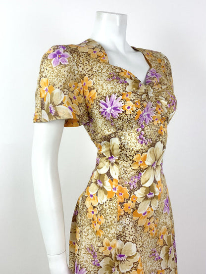 VTG 60s 70s CREAM BROWN PURPLE ORANGE FLORAL DITSY SWEETHEART TEA DRESS 10 12