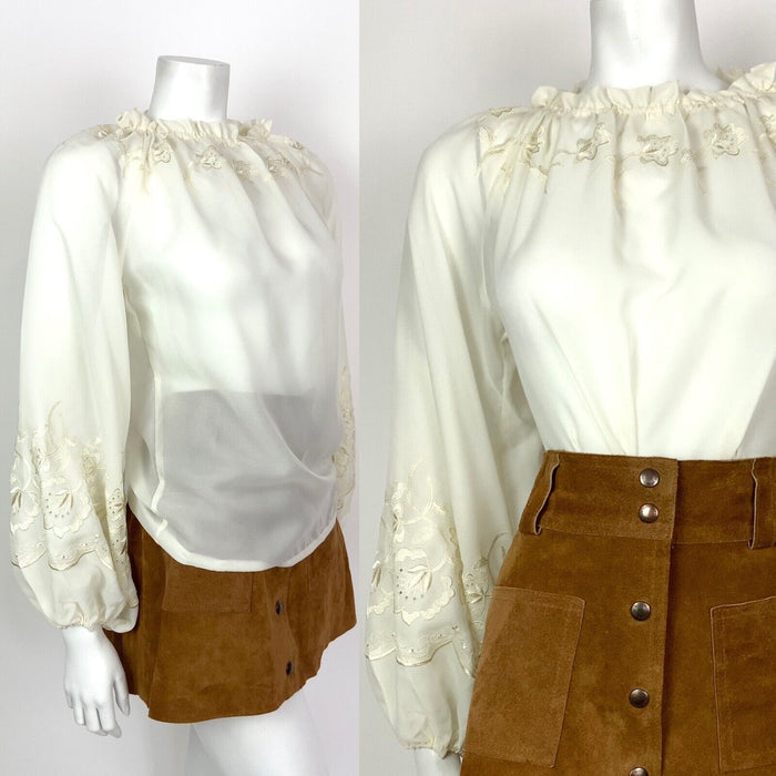 VTG 60s 70s CREAM EMBROIDERED FLORAL PUFF SLEEVE SHEER PEASANT BOHO TOP 8 10
