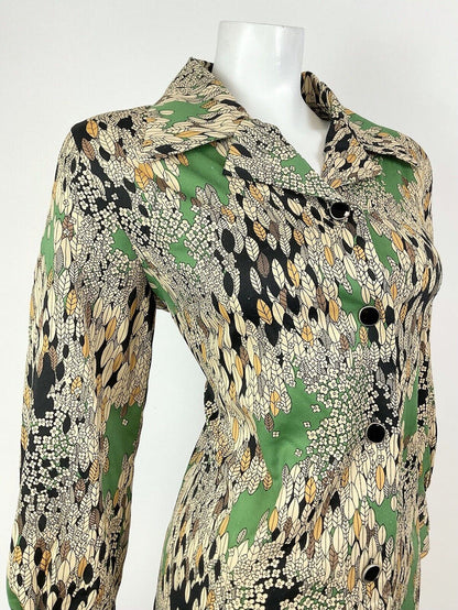 VTG 60s 70s CREAM GREEN BLACK FLORAL LEAFY PSYCHEDELIC DAGGER SHIRT DRESS 16 18