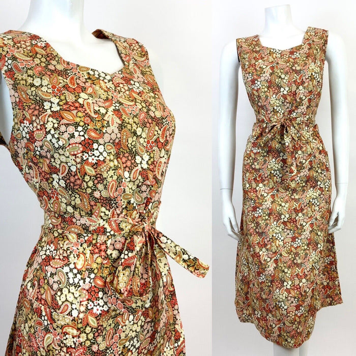 VTG 60s 70s CREAM GREEN RED BROWN FLORAL DITSY PAISLEY PSYCHEDELIC DRESS 12 14